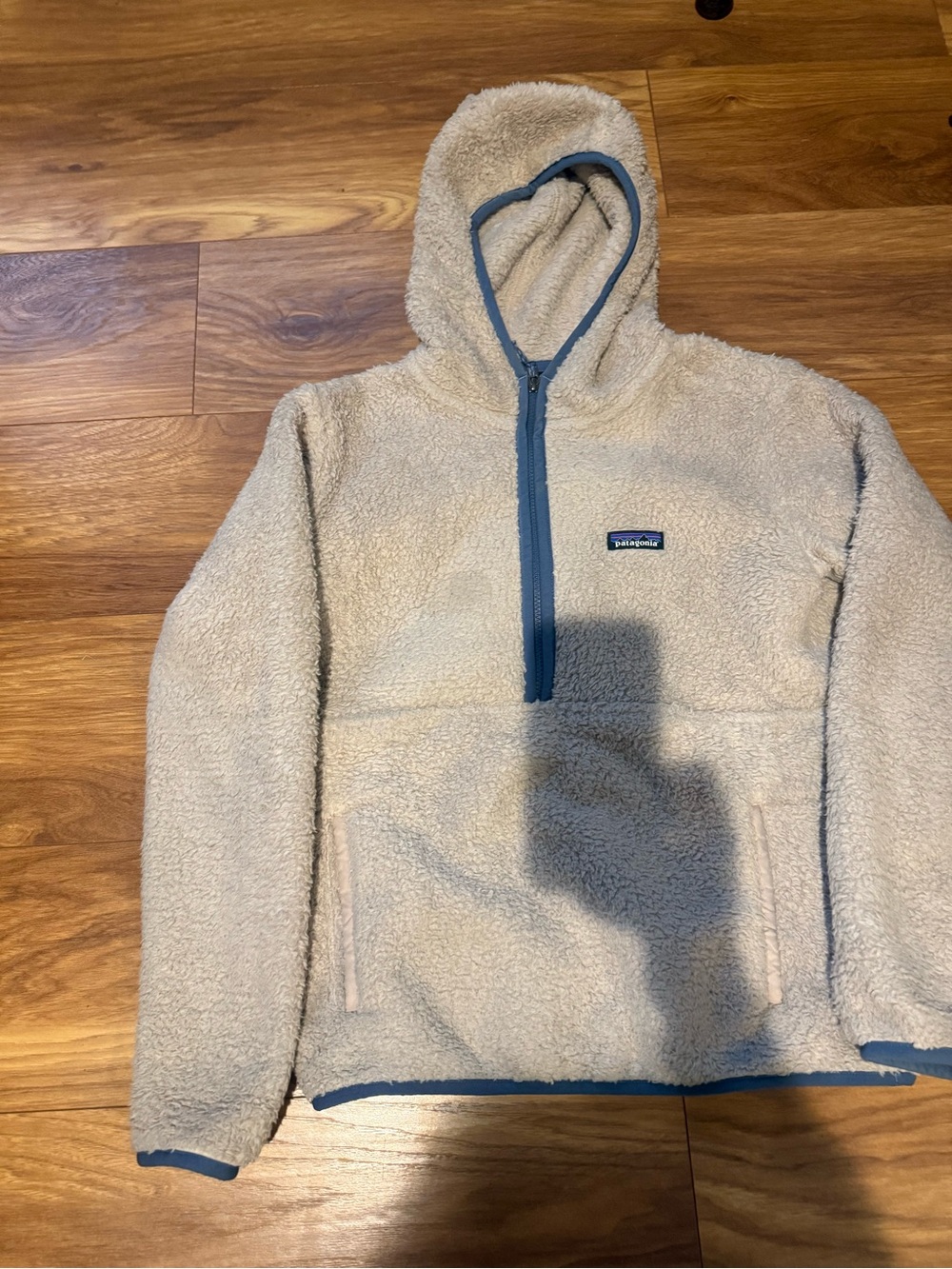 Patagonia Hooded Fleece Jacket - Cream with Blue Trim
